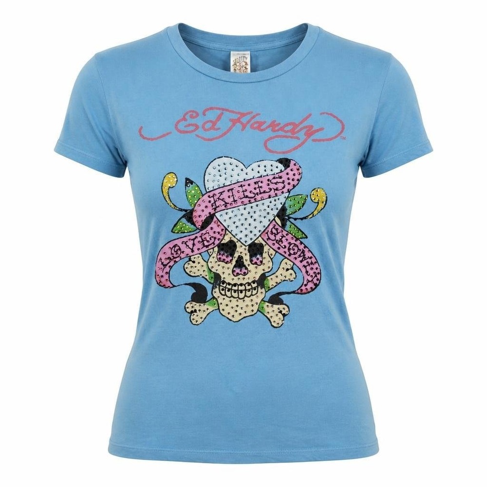 Vintage Y2K Ed Hardy T Shirt Womens S Blue Love Kills Slowly Rhinestone Tattoo